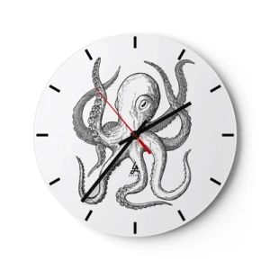 Relógio de parede - Relógio em vidro - Ilustração de polvo em estilo vintage em fundo branco - 30x30cm - Dançando com as ondas - Decoração de parede moderna para a sala de estar, cozinha e quarto ARTTOR