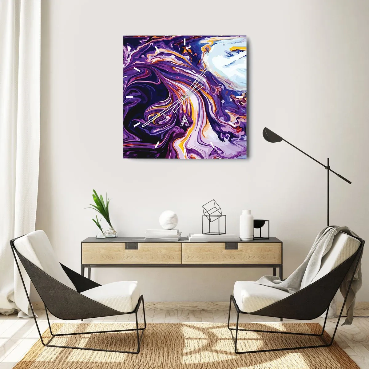 Relógio de parede - Relógio em vidro - Onde o espaço se dobra em roxo - 40x40 cm