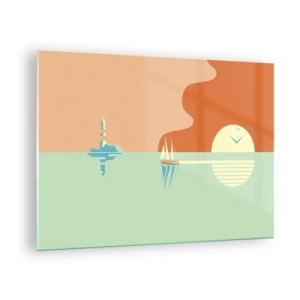 Quadro em vidro - Um pôr do sol minimalista com um veleiro e um farol - 70x50cm - Uma paisagem marítima perfeita - Decoração de parede moderna para a sala de estar e quarto ARTTOR