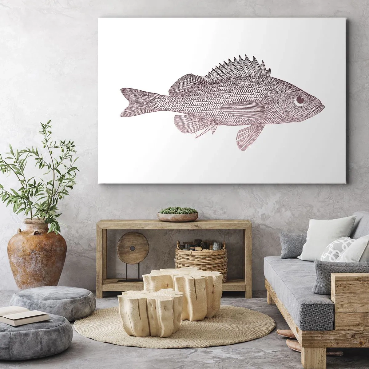 Quadro em tela - Ilustração detalhada de um peixe em um fundo branco - 70x50cm - Peixe de olhos grandes - Decoração de parede moderna para a sala de estar e quarto ARTTOR