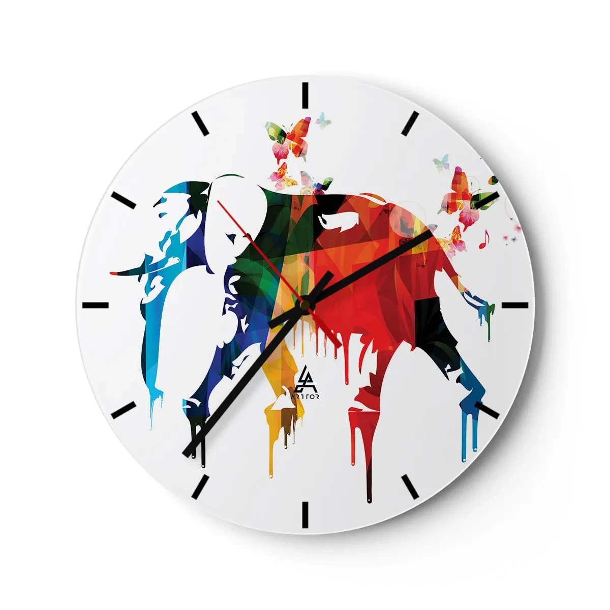 Relógio de parede - Relógio em vidro - Elefante geométrico colorido com motivo de borboleta em fundo branco - 30x30cm - Todos podem dançar - Decoração de parede moderna para a sala de estar, cozinha e quarto ARTTOR