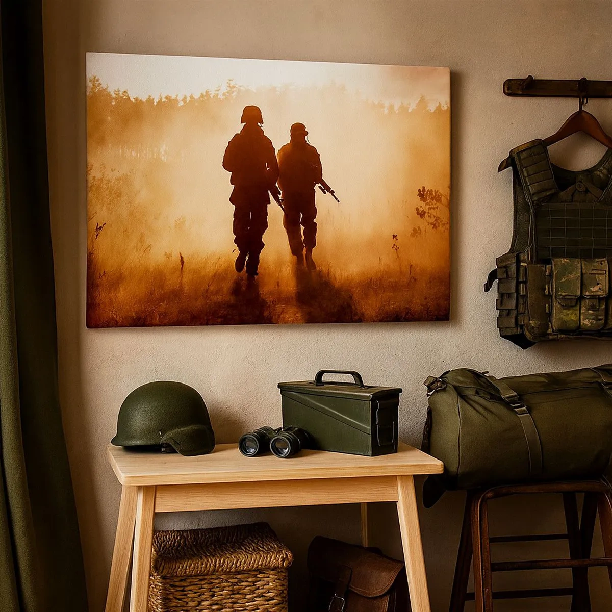 Quadro em tela - Soldados marchando na neblina da manhã com a natureza ao fundo - 70x50cm - Call of Duty - Decoração de parede moderna para a sala de estar e quarto ARTTOR