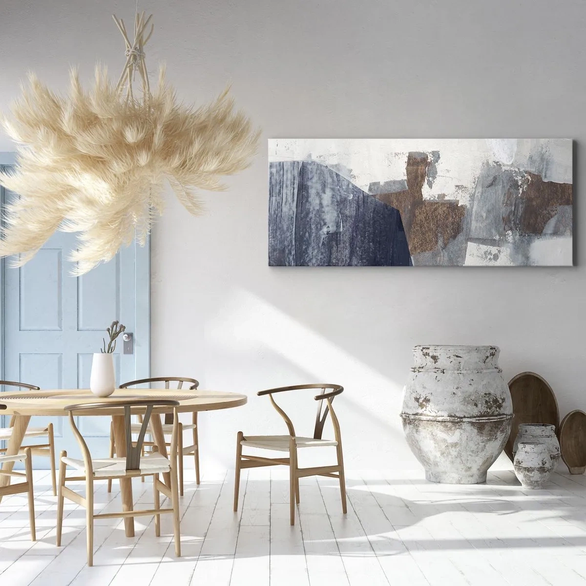 Quadro em tela - Formas azuis e marrons - 120x50 cm