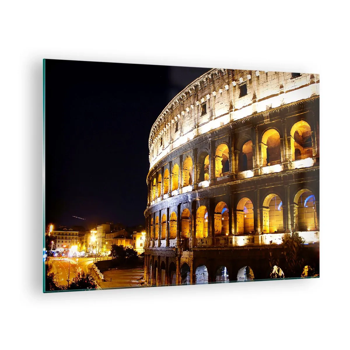Quadro em vidro - O Coliseu à noite com arcos iluminados - 70x50cm - É hora das Olimpíadas - Decoração de parede moderna para a sala de estar e quarto ARTTOR