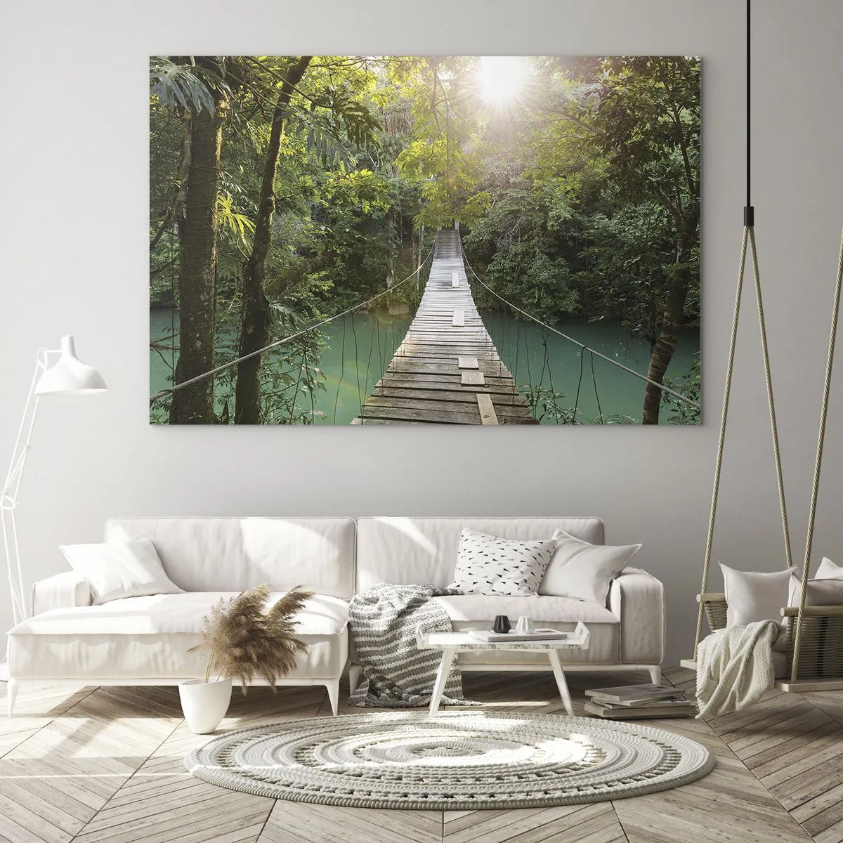 Quadro em vidro - Uma ponte suspensa em uma floresta tropical iluminada pela luz do sol. - 70x50cm - Da água azul para a floresta azul - Decoração de parede moderna para a sala de estar e quarto ARTTOR