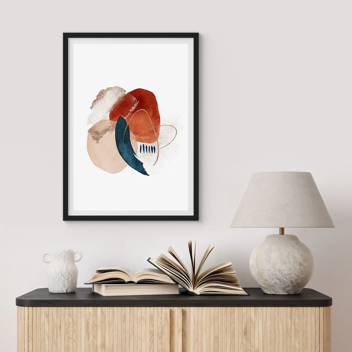 Pôster com moldura preta - Composição oval abstrata em cores quentes - 50x70cm - Composição oval - Decoração de parede moderna para a sala de estar e quarto ARTTOR