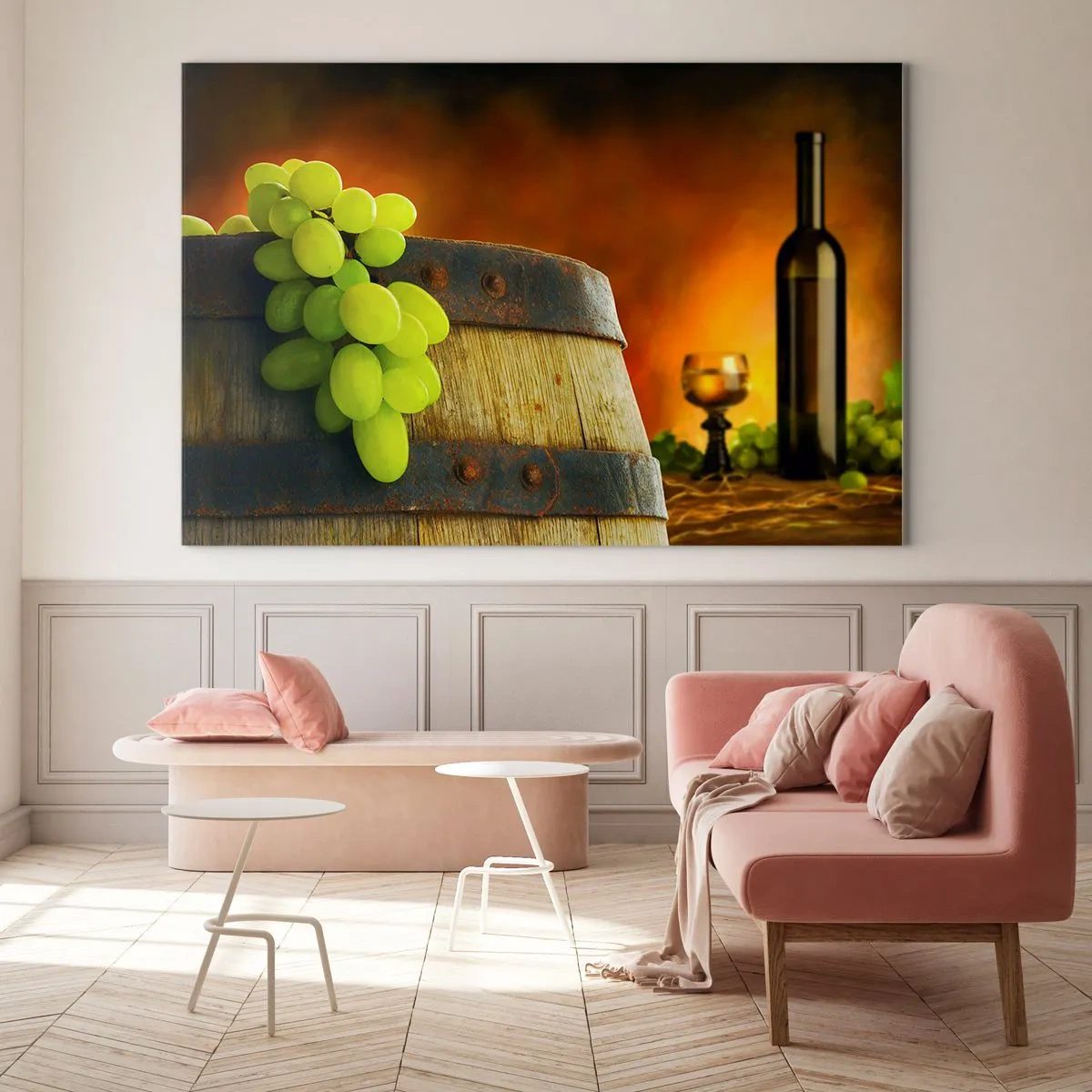 Quadro em vidro - Uvas em barril em ambiente rústico com vinho ao fundo - 70x50cm - Natureza morta com uma garrafa de vinho e um cacho de uvas - Decoração de parede moderna para a sala de estar e quarto ARTTOR