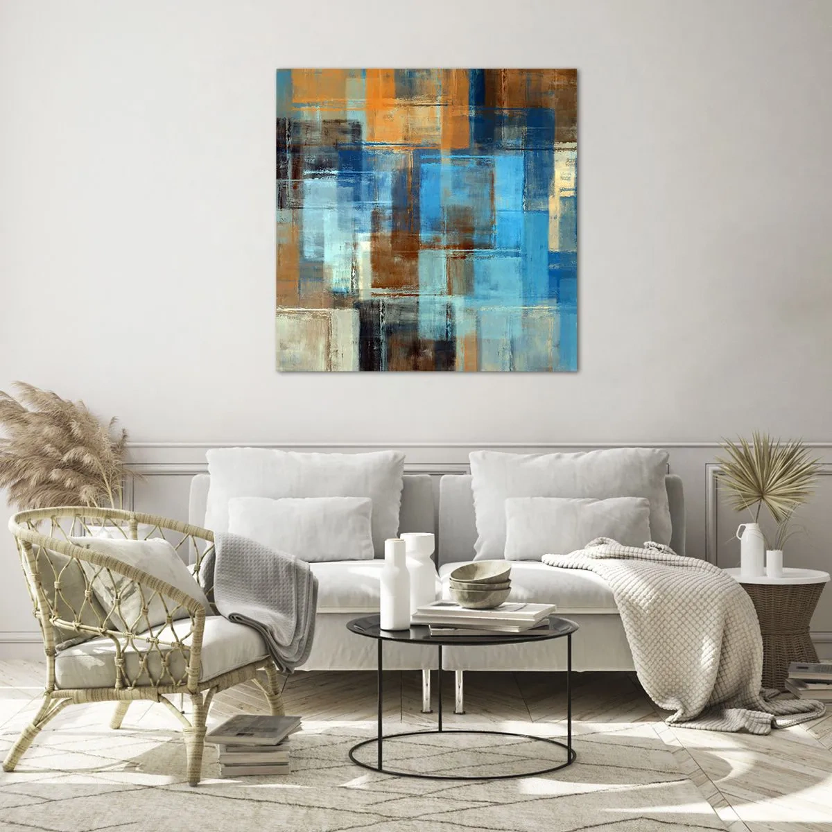 Quadro em vidro - Através da cortina azul - 70x70 cm