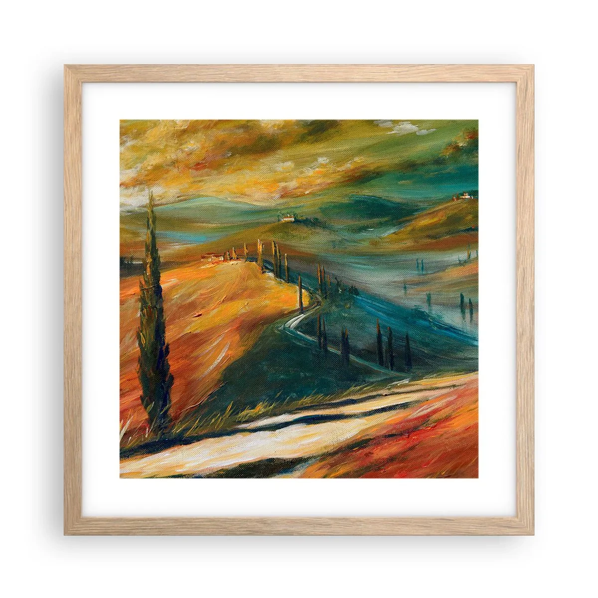 Pôster com moldura de carvalho claro - Paisagem da Toscana - 40x40 cm