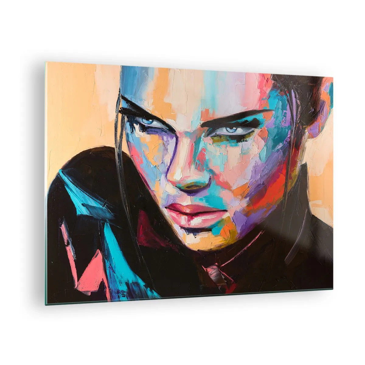 Quadro em vidro - Retrato de uma mulher em cores vibrantes contra um fundo abstrato - 70x50cm - Coração selvagem - Decoração de parede moderna para a sala de estar e quarto ARTTOR