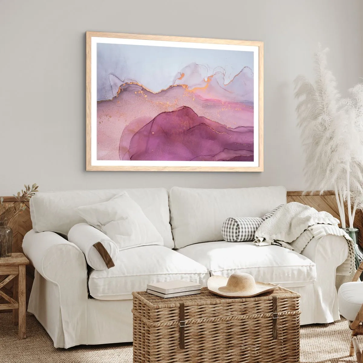 Pôster com moldura de carvalho claro - Ondas de lilás e roxo - 91x61 cm