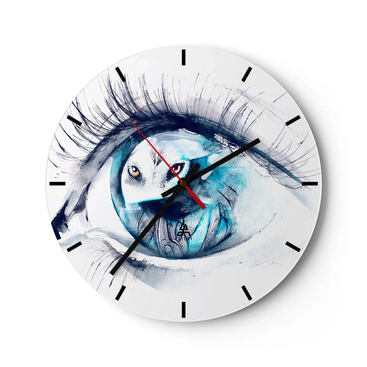 Relógio de parede - Relógio em vidro - Motivo artístico de olho de lobo em tons de azul e branco - 30x30cm - Cara a cara com o selvagem - Decoração de parede moderna para a sala de estar, cozinha e quarto ARTTOR