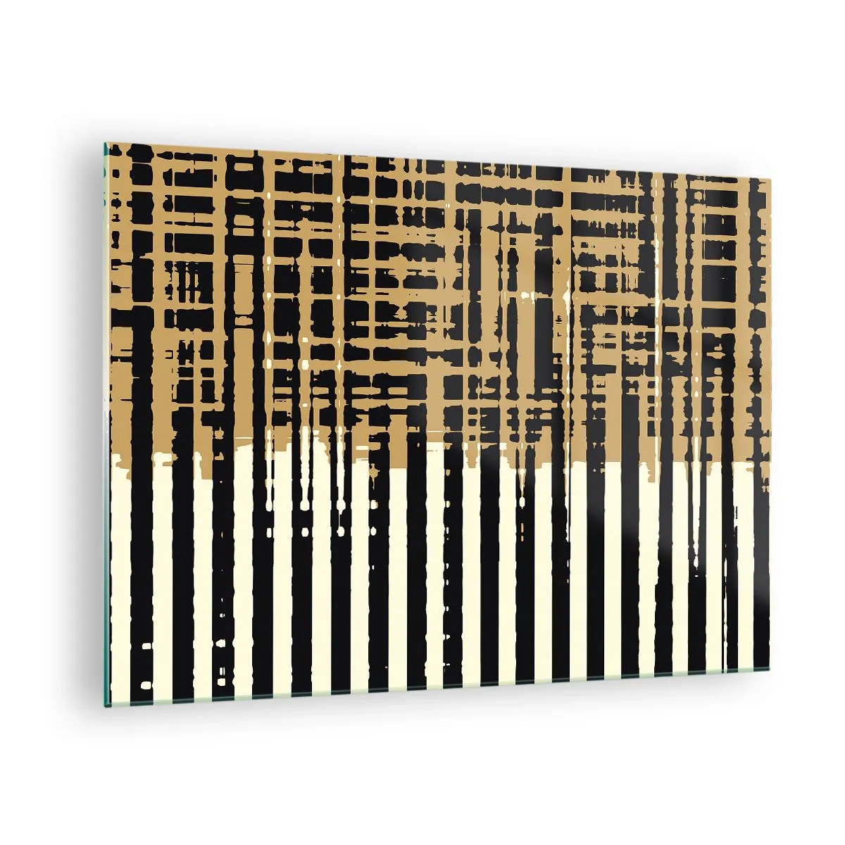 Quadro em vidro - Listras e linhas geométricas em tons de preto e dourado - 70x50cm - Abstração arquitetónica - Decoração de parede moderna para a sala de estar e quarto ARTTOR