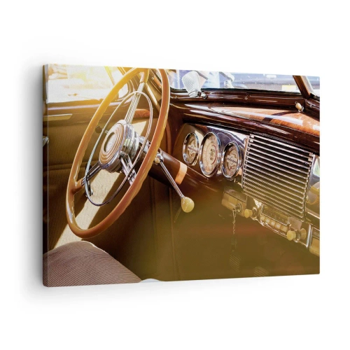 Quadro em tela - Close-up do interior de um carro clássico com detalhes em madeira e cromo. - 70x50cm - Um sopro de luxo do passado - Decoração de parede moderna para a sala de estar e quarto ARTTOR