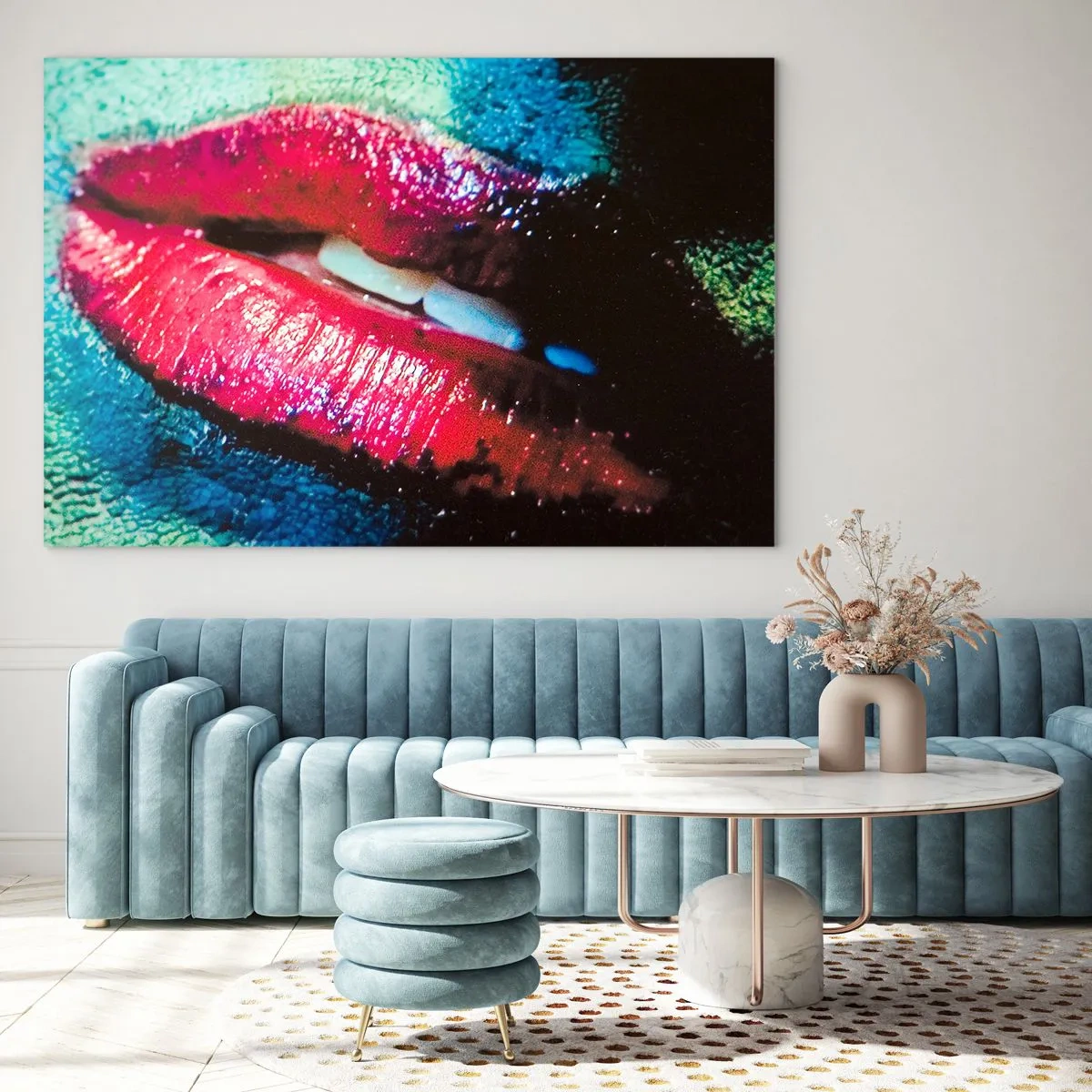 Quadro em vidro - Lábios vermelhos em um fundo de cores intensas - 70x50cm - Sensual e perturbador - Decoração de parede moderna para a sala de estar e quarto ARTTOR