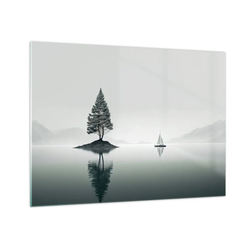 Quadro em vidro - Uma árvore solitária em uma ilha e um veleiro em um lago calmo - 70x50cm - Sonho dos sonhos - Decoração de parede moderna para a sala de estar e quarto ARTTOR