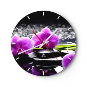 Relógio de parede - Relógio em vidro - Orquídeas roxas com pedras e uma vela na água - 30x30cm - Afogar-se na paz e sossego - Decoração de parede moderna para a sala de estar, cozinha e quarto ARTTOR