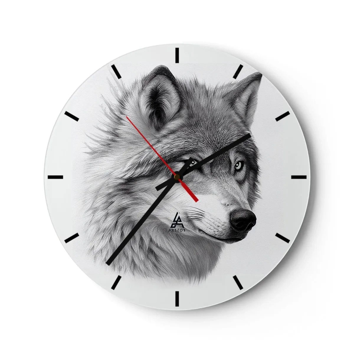 Relógio de parede - Relógio em vidro - Um retrato em preto e branco de um lobo com um olhar penetrante. - 30x30cm - Alfa – sem dúvida - Decoração de parede moderna para a sala de estar, cozinha e quarto ARTTOR