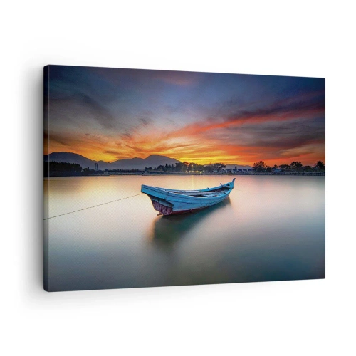 Quadro em tela - Um barco na água durante um pôr do sol pitoresco - 70x50cm - Uma boa noite se aproxima - Decoração de parede moderna para a sala de estar e quarto ARTTOR