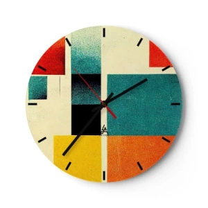 Relógio de parede - Relógio em vidro - Composição geométrica de retângulos coloridos sobre fundo claro - 30x30cm - Abstração geométrica – boa energia - Decoração de parede moderna para a sala de estar, cozinha e quarto ARTTOR