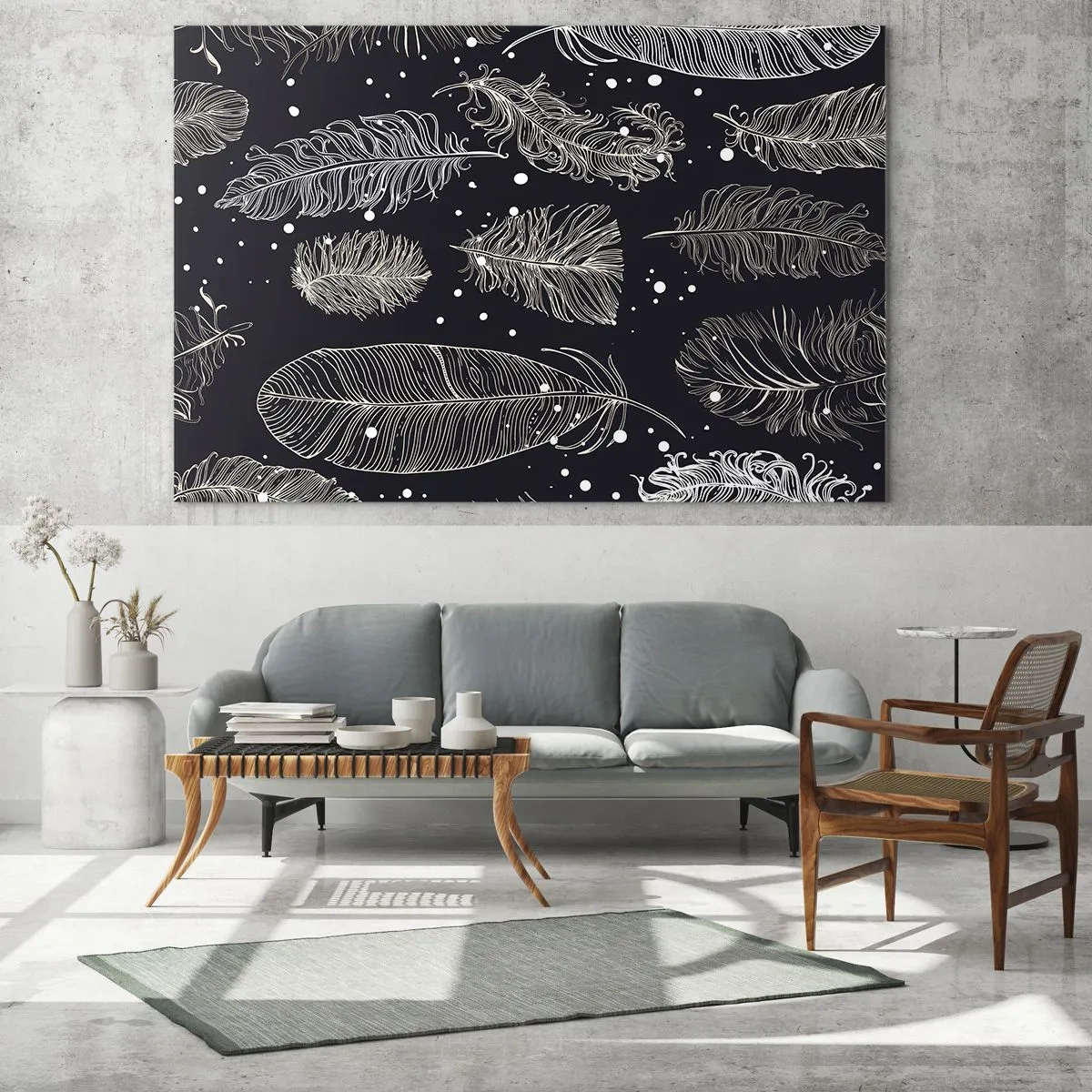 Quadro em vidro - Penas brancas sobre fundo preto com detalhes sutis - 70x50cm - Rendas de penas - Decoração de parede moderna para a sala de estar e quarto ARTTOR