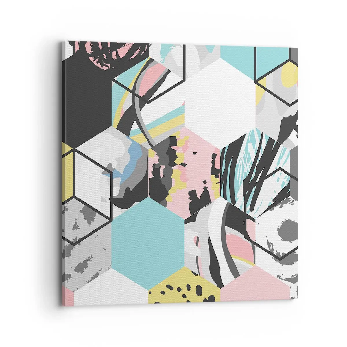 Quadro em tela - Hexágonos e cubos em seis cores - 70x70 cm