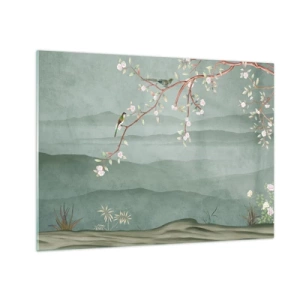 Quadro em vidro - Um ramo com flores e pássaros contra um fundo de colinas verdes - 70x50cm - Primavera, oh, és tu - Decoração de parede moderna para a sala de estar e quarto ARTTOR