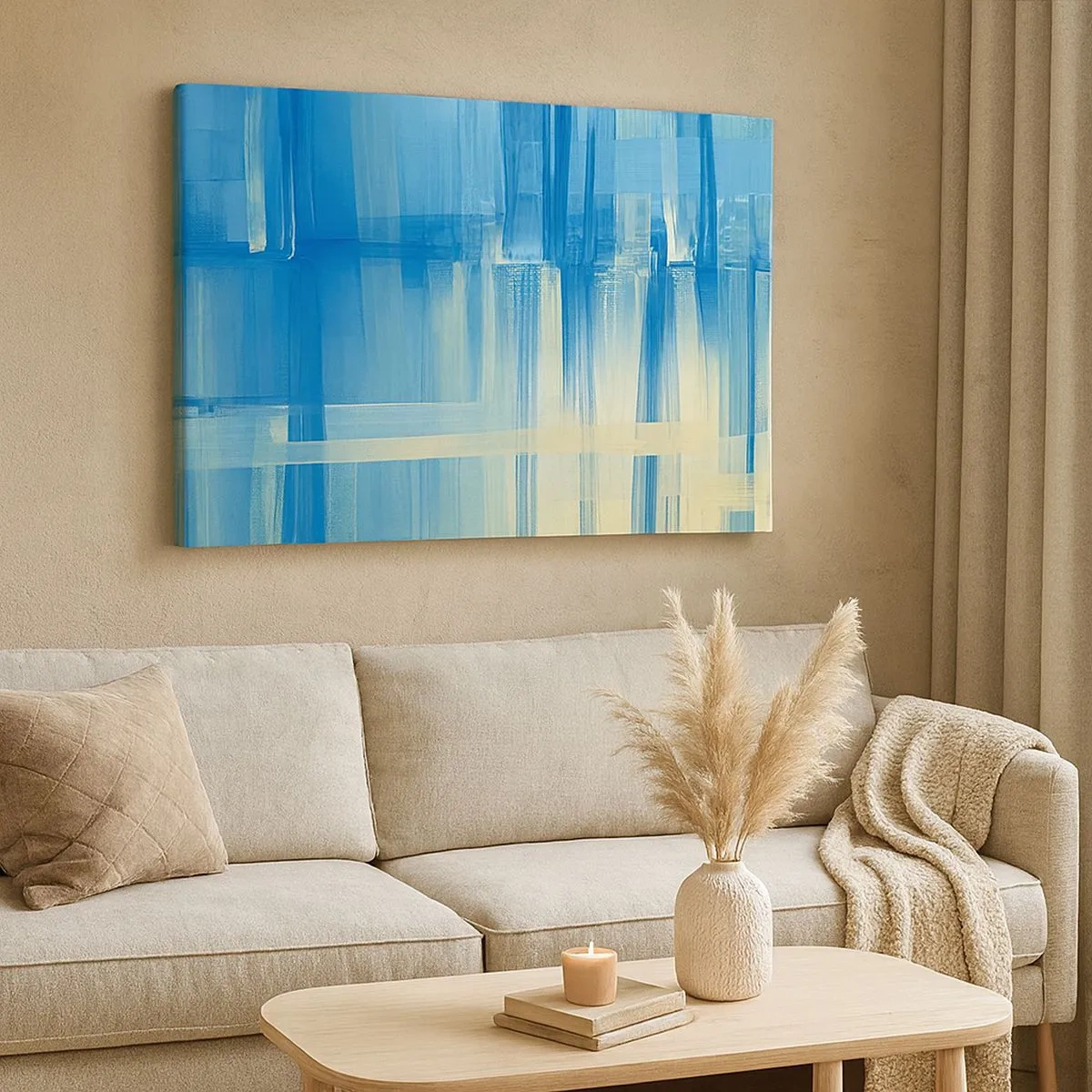 Quadro em tela - Uma pintura abstrata em tons de turquesa e azul com pinceladas geométricas. - 70x50cm - Composição em turquesa - Decoração de parede moderna para a sala de estar e quarto ARTTOR