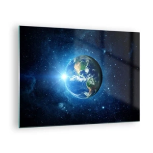 Quadro em vidro - Terra vista do espaço com raios de luz - 70x50cm - Estamos no céu - Decoração de parede moderna para a sala de estar e quarto ARTTOR