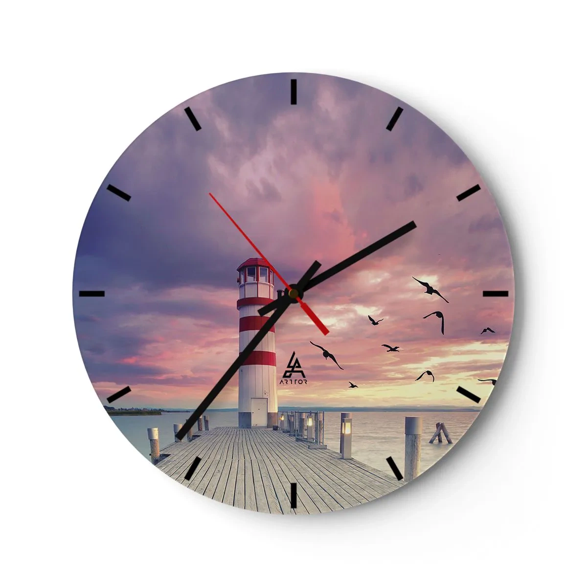 Relógio de parede - Relógio em vidro - Farol ao pôr do sol sobre a água - 30x30cm - Hora de ir ao porto - Decoração de parede moderna para a sala de estar, cozinha e quarto ARTTOR