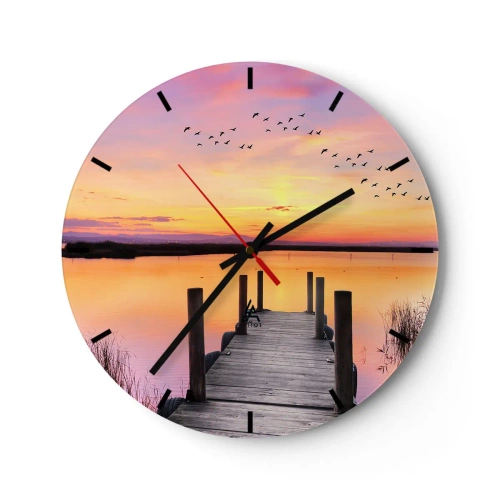 Relógio de parede - Relógio em vidro - Um píer em um lago ao pôr do sol, pássaros voando para longe - 30x30cm - Silenciosa Alvorada Violeta  - Decoração de parede moderna para a sala de estar, cozinha e quarto ARTTOR