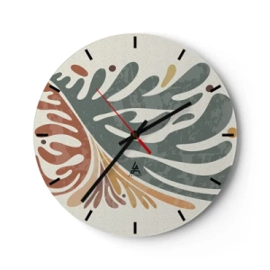 Relógio de parede - Relógio em vidro - Formas orgânicas em tons de verde e ferrugem - 30x30cm - Folha multicolorida - Decoração de parede moderna para a sala de estar, cozinha e quarto ARTTOR