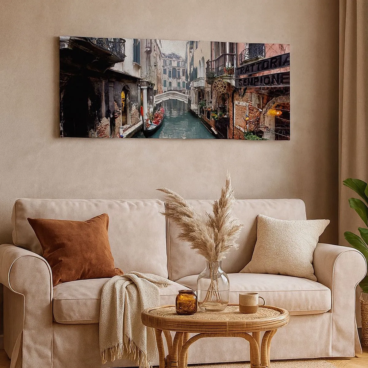 Quadro em tela - Paisagem veneziana com gôndola e ponte - 100x40 cm