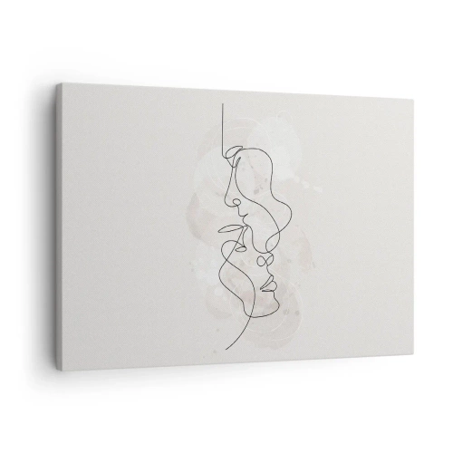 Quadro em tela - Contorno abstrato de dois rostos em um fundo claro - 70x50cm - Emaranhados num abraço - Decoração de parede moderna para a sala de estar e quarto ARTTOR