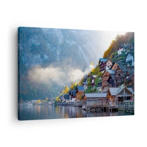 Quadro em tela - Uma aldeia de montanha perto de um lago em cenário de outono - 70x50cm - Atmosfera alpina - Decoração de parede moderna para a sala de estar e quarto ARTTOR