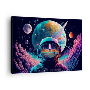 Quadro em tela - Astronauta no espaço com uma paisagem planetária colorida - 70x50cm - Os filósofos não sonharam com isso - Decoração de parede moderna para a sala de estar e quarto ARTTOR