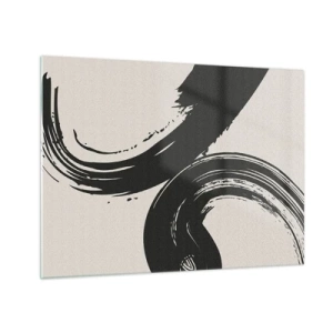 Quadro em vidro - Pinceladas caligráficas pretas e dinâmicas sobre um fundo claro. - 70x50cm - Varrer e circular - Decoração de parede moderna para a sala de estar e quarto ARTTOR