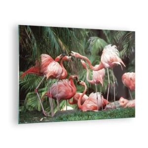 Quadro em vidro - Flamingos entre a vegetação tropical em cores vivas - 70x50cm - Fofocas da tarde - Decoração de parede moderna para a sala de estar e quarto ARTTOR