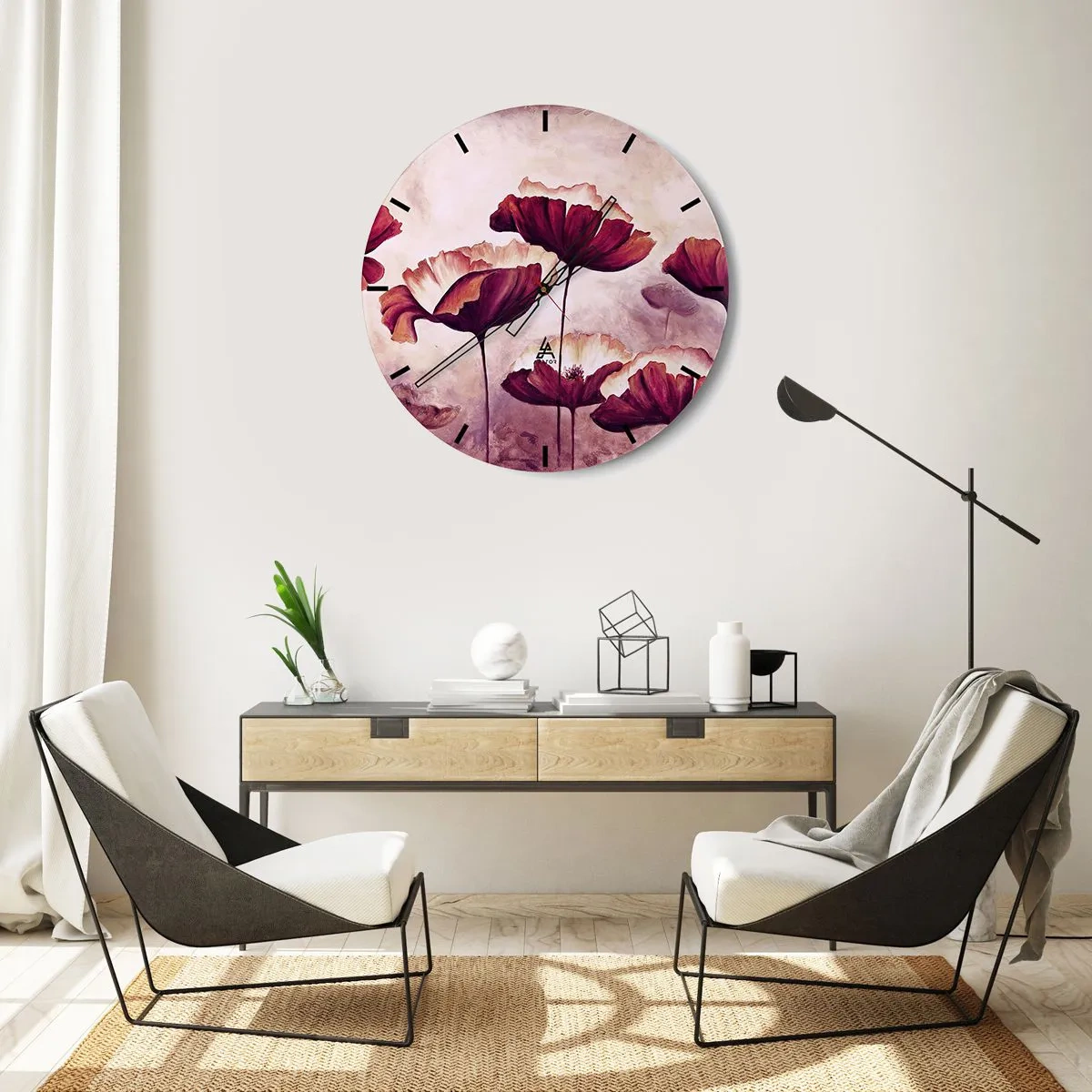 Relógio de parede - Relógio em vidro - Papoulas pitorescas em tons de vermelho e rosa - 30x30cm - Pétala vermelha e branca - Decoração de parede moderna para a sala de estar, cozinha e quarto ARTTOR