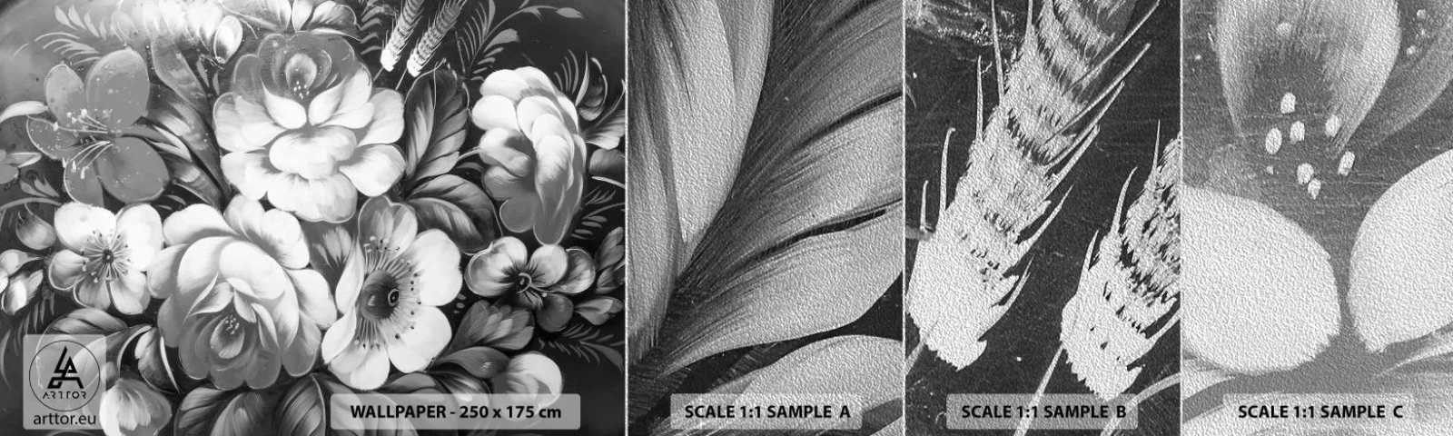 Amostra de papel de parede Premium Sand - A beleza em cinza - Abstração, Flores, Pedaço - 100x30 cm