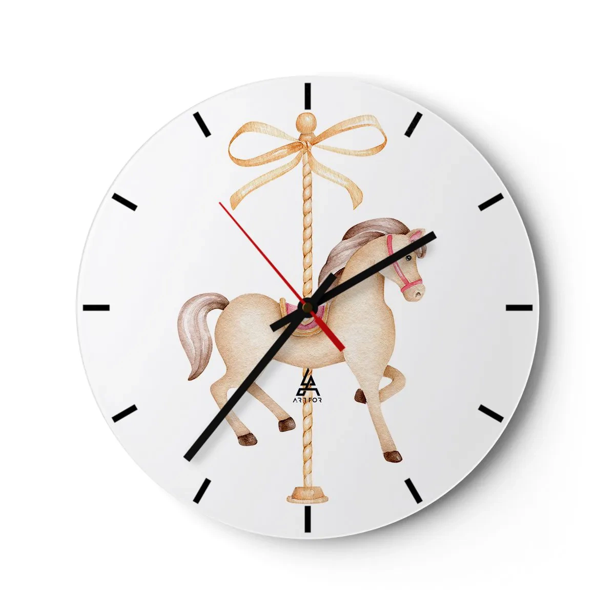 Relógio de parede - Relógio em vidro - Um cavalo de carrossel marrom claro em um fundo com um laço decorativo - 30x30cm - Um trote gracioso - Decoração de parede moderna para a sala de estar, cozinha e quarto ARTTOR
