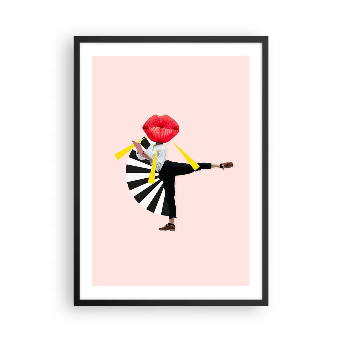 Pôster com moldura preta - Uma composição surreal com lábios e elementos geométricos em um fundo rosa. - 50x70cm - Arte pop surreal - Decoração de parede moderna para a sala de estar e quarto ARTTOR