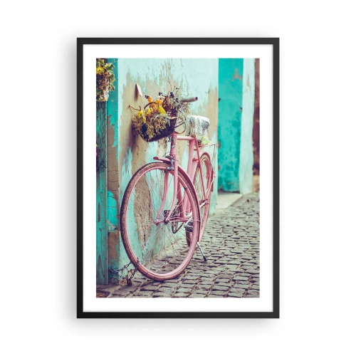 Pôster com moldura preta - Uma bicicleta rosa com uma cesta em uma rua rústica - 50x70cm - Volto logo - Decoração de parede moderna para a sala de estar e quarto ARTTOR