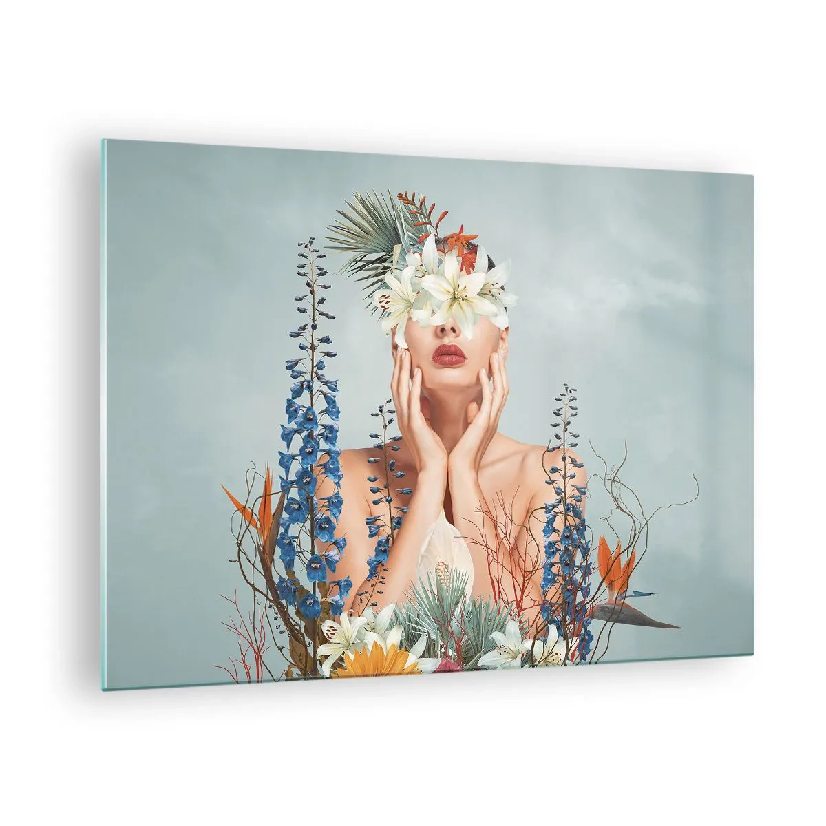 Quadro em vidro - Figura de uma mulher com uma coroa de flores e um arranjo floral - 70x50cm - Mulher – flor - Decoração de parede moderna para a sala de estar e quarto ARTTOR