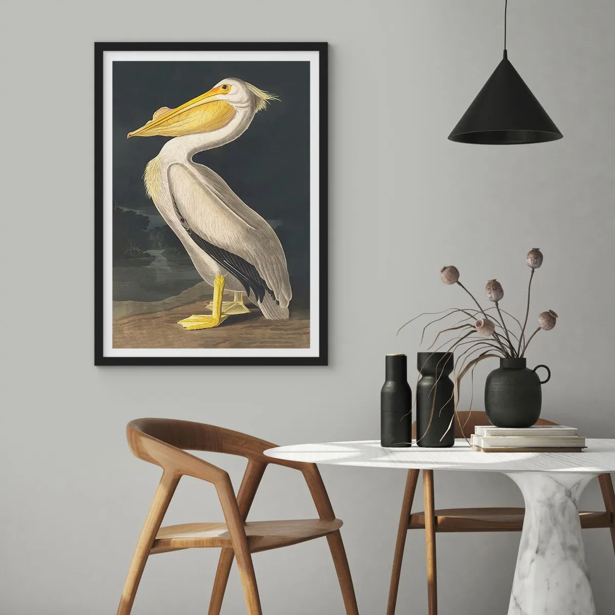 Pôster com moldura preta - Pelicano em uma ilustração clássica sobre fundo escuro - 50x70cm - Cheio de orgulho - Decoração de parede moderna para a sala de estar e quarto ARTTOR