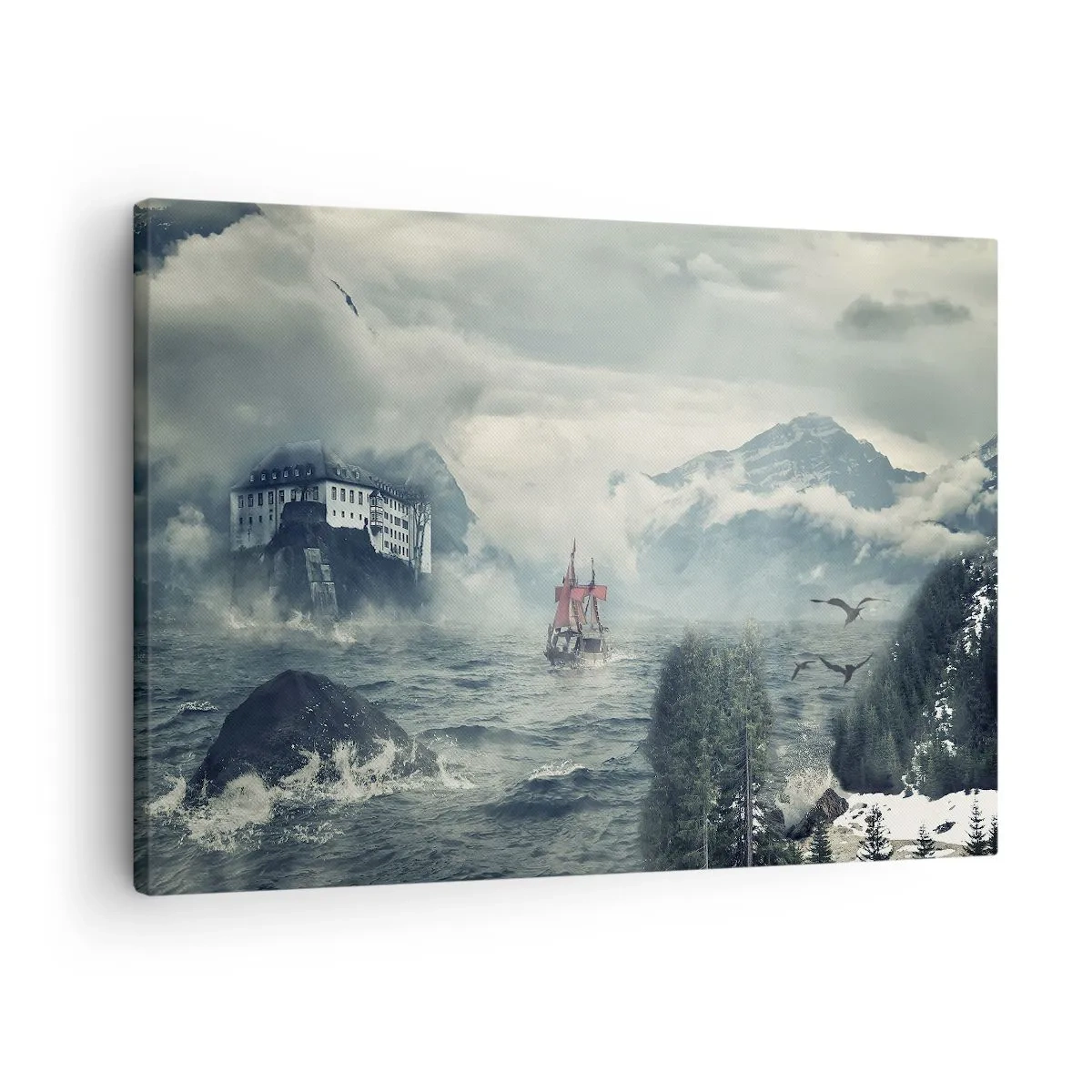 Quadro em tela - Uma paisagem misteriosa com um castelo, montanhas e um navio - 70x50cm - Nas águas mágicas - Decoração de parede moderna para a sala de estar e quarto ARTTOR