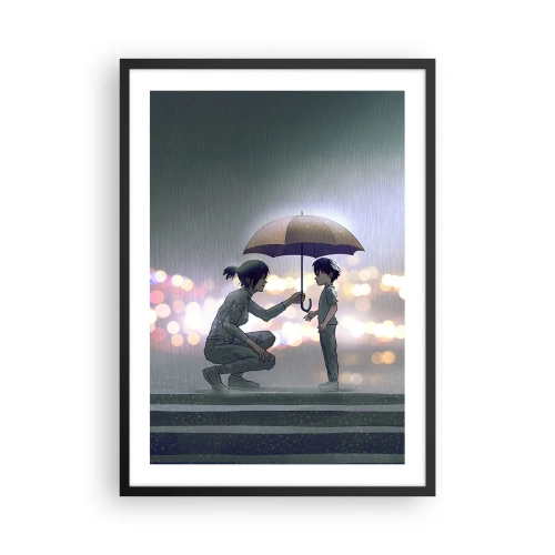 Pôster com moldura preta - Um adulto entregando um guarda-chuva a uma criança em um fundo chuvoso - 50x70cm - Está tudo bem agora - Decoração de parede moderna para a sala de estar e quarto ARTTOR