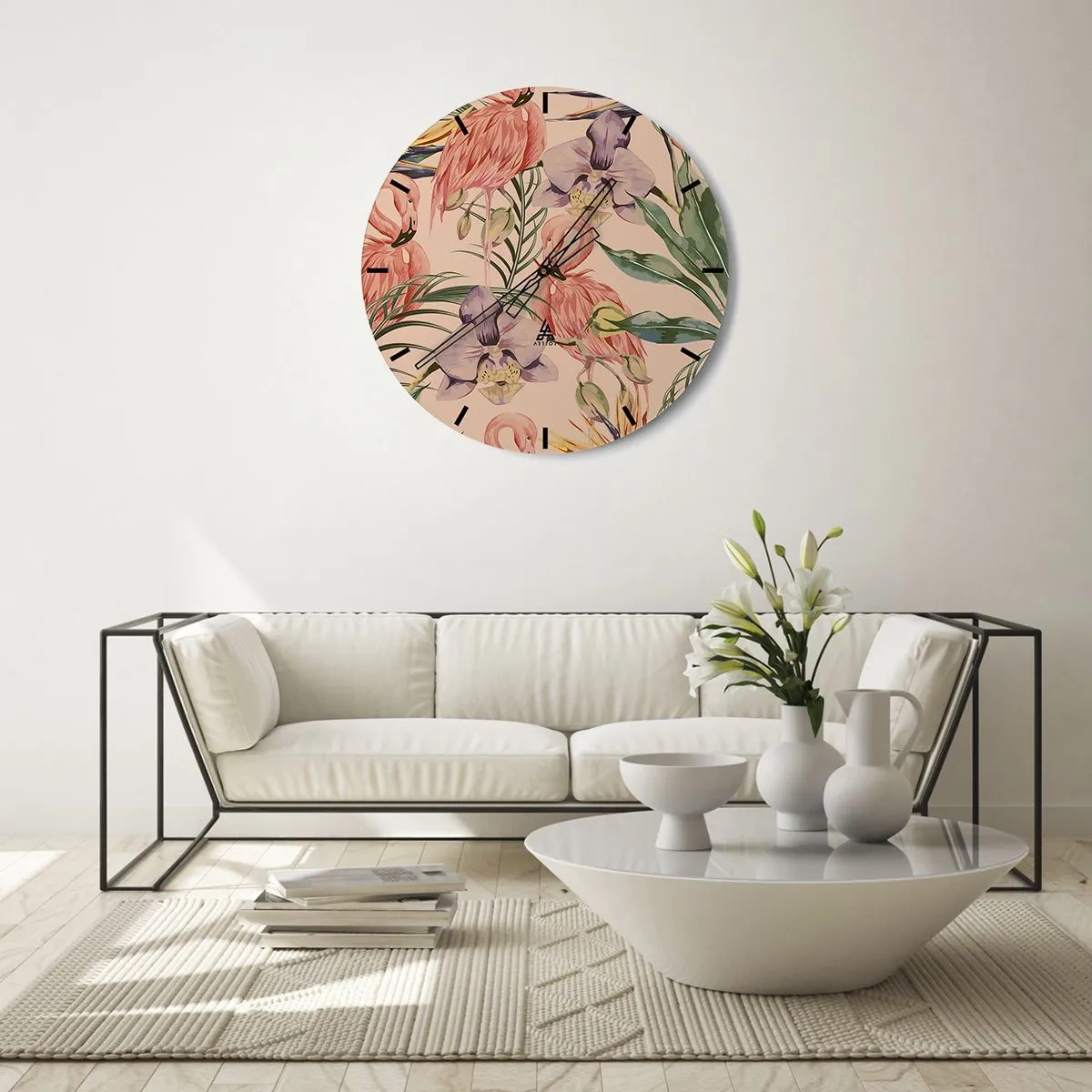 Relógio de parede - Relógio em vidro - Flamingos e flores em fundo bege - 30x30cm - Balé rosa em flores - Decoração de parede moderna para a sala de estar, cozinha e quarto ARTTOR