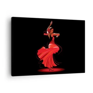 Quadro em tela - Dançarina de flamenco em um vestido vermelho sobre um fundo preto - 70x50cm - O espírito ardente do flamenco - Decoração de parede moderna para a sala de estar e quarto ARTTOR