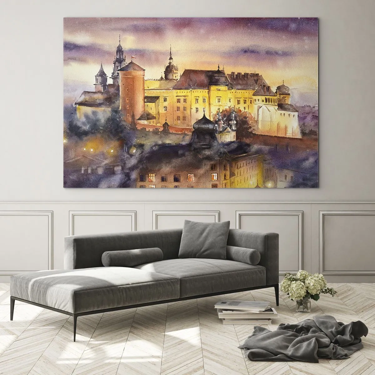 Quadro em vidro - Ilustração em aquarela de um castelo em uma colina ao pôr do sol - 70x50cm - História e conto de fadas - Decoração de parede moderna para a sala de estar e quarto ARTTOR